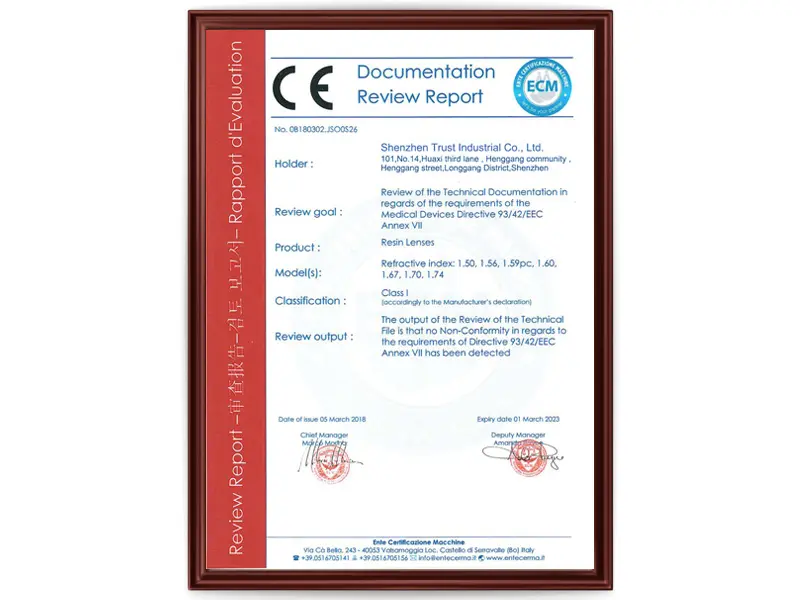 Our optical lens products have CE certification, confirming that they comply with EU safety standards.