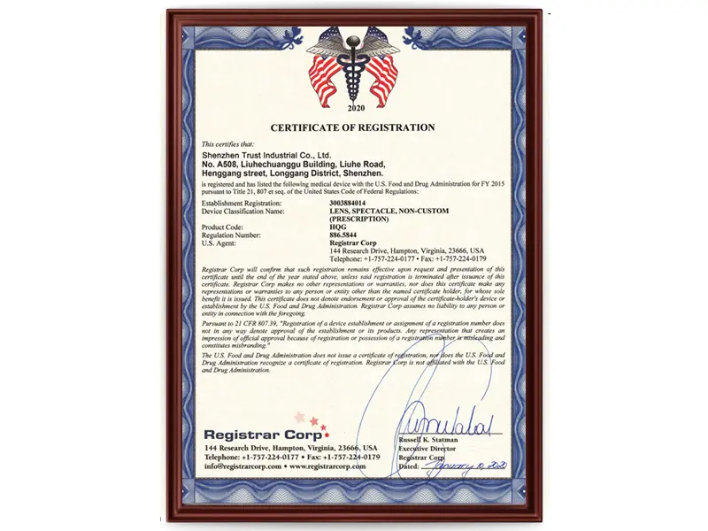Our optical lens products have FDA registration certificates, confirming that they meet the standards for sale in the US market.