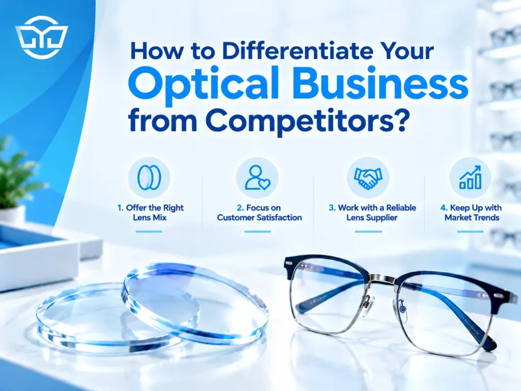 Optical business differentiation strategies featuring lens selection, customer satisfaction, reliable lens suppliers, and market trends.