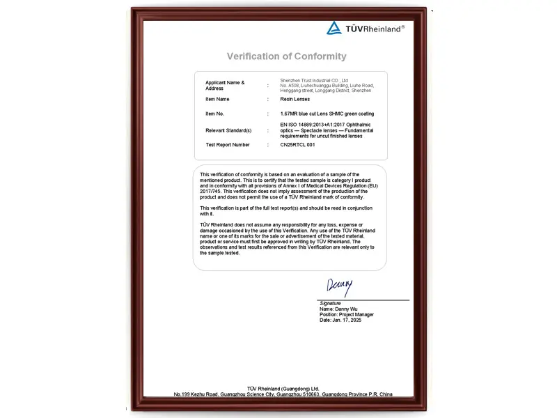 Our optical lens have TUV-Certification