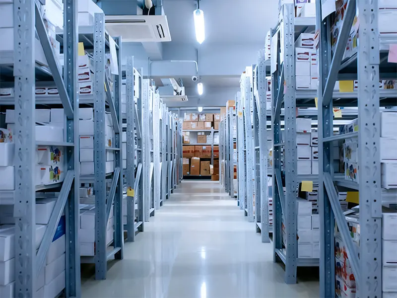 This showcases our warehouse and shelves displaying our stock of lenses.