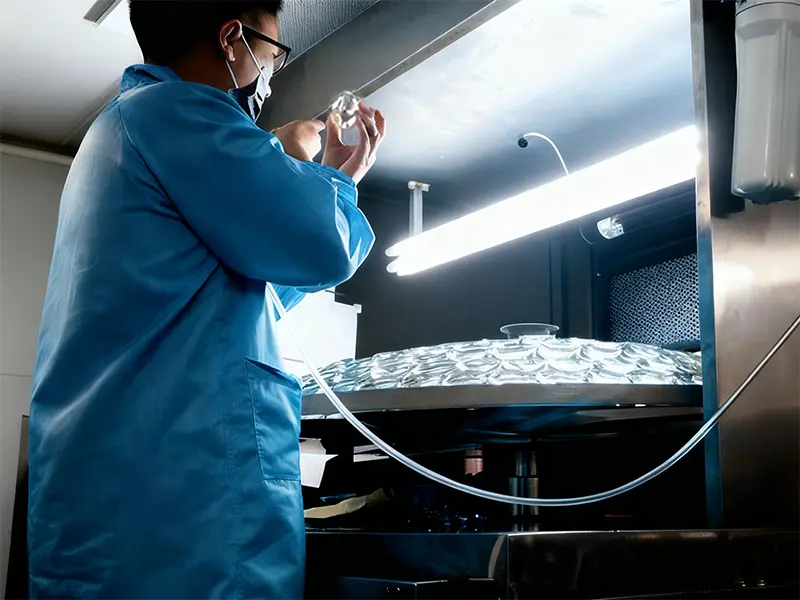 technicians at an optical lens manufacturing plant inspect the quality of optica lenses