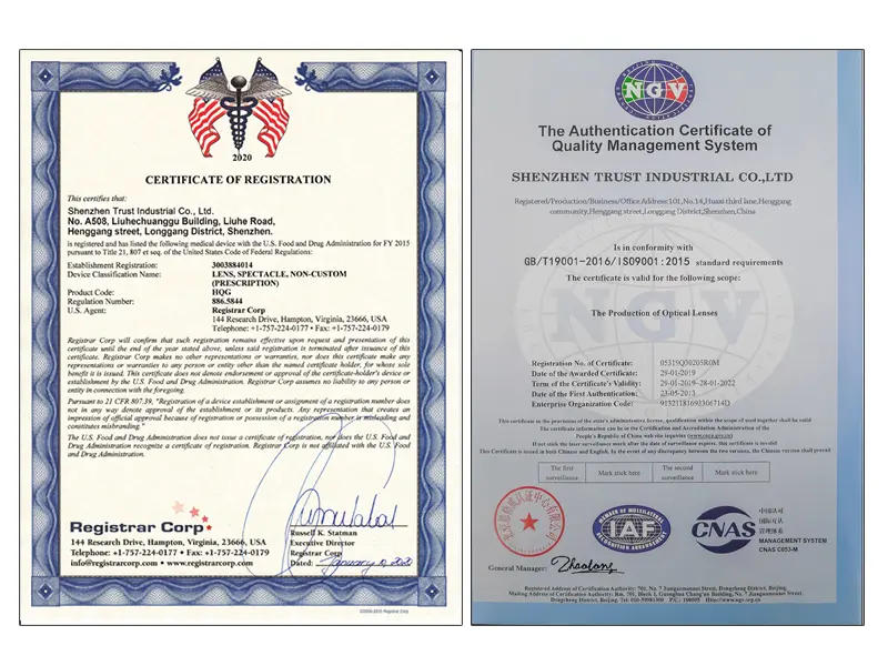 the ISO9001 and FDA certificate our lens fatory